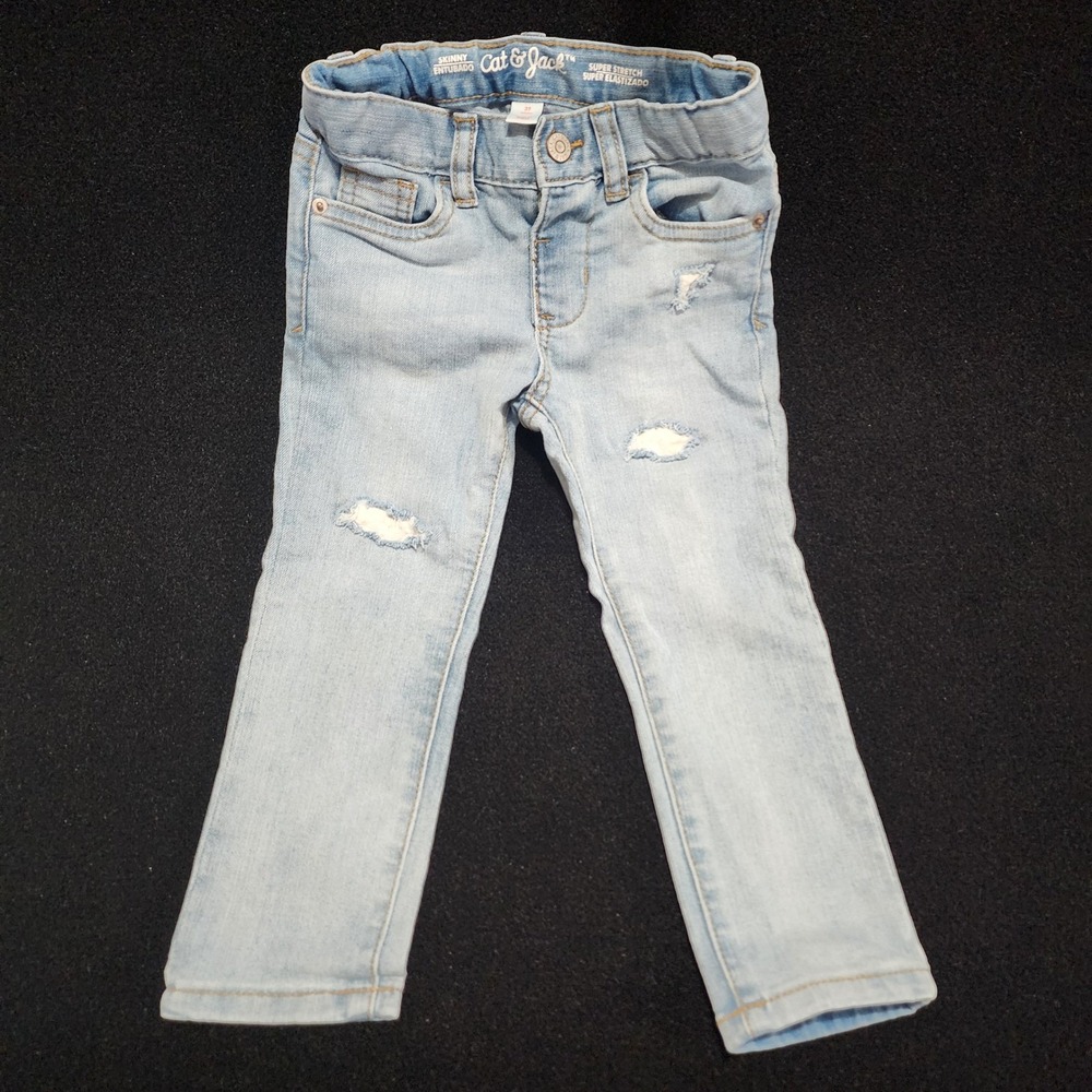 Cat and Jack Kids Skinny Jeans Light Wash Distressed Super Stretch Size 3T‎